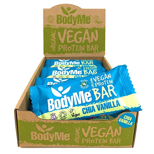 BodyMe Barritas Proteinas Veganas Organica | Cruda Chia Vainilla | 60g x 12 Barra Proteina Vegana | Sin Gluten | 16g Proteína Completa | 3 Proteina Vegetal | Aminoacidos Esenciales | Vegan Protein Bar