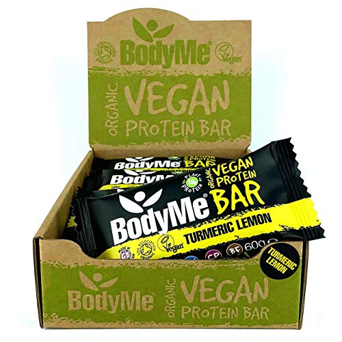 BodyMe Barritas Proteinas Veganas Organica | Cruda Curcuma Limon | 12 x 60g Barra Proteina Vegana | Sin Gluten | 16g Proteína Completa | 3 Proteina Vegetal | Aminoacidos Esenciales | Vegan Protein Bar