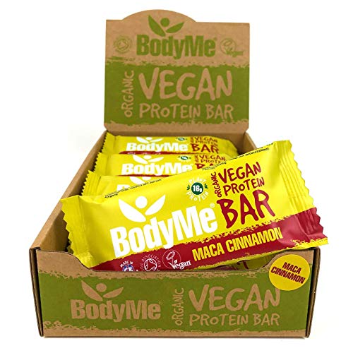 BodyMe Barritas Proteinas Veganas Organica | Cruda Maca Canela | 12 x 60g Barra Proteina Vegana | Sin Gluten | 16g Proteína Completa | 3 Proteina Vegetal | Aminoacidos Esenciales | Vegan Protein Bar