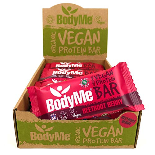 BodyMe Barritas Proteinas Veganas Organica | Cruda Remolacha Baya | 12 x 60g Barra Proteina Vegana | Sin Gluten | 16g Proteína Completa | 3 Proteina Vegetal Aminoacidos Esenciales | Vegan Protein Bar