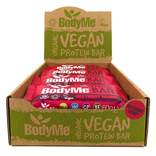 BodyMe Barritas Proteinas Veganas Organica | Cruda Remolacha Baya | 12 x 60g Barra Proteina Vegana | Sin Gluten | 16g Proteína Completa | 3 Proteina Vegetal Aminoacidos Esenciales | Vegan Protein Bar