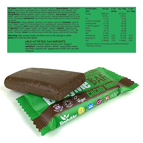 BodyMe Barritas Proteinas Veganas Organica | Crudo Cacao Menta | 12 x 60g Barra Proteina Vegana | Sin Gluten | 16g Proteína Completa | 3 Proteina Vegetal | Aminoacidos Esenciales | Vegan Protein Bar