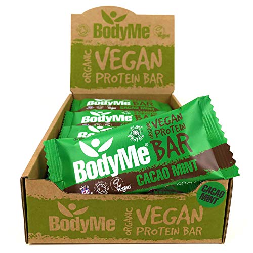 BodyMe Barritas Proteinas Veganas Organica | Crudo Cacao Menta | 12 x 60g Barra Proteina Vegana | Sin Gluten | 16g Proteína Completa | 3 Proteina Vegetal | Aminoacidos Esenciales | Vegan Protein Bar