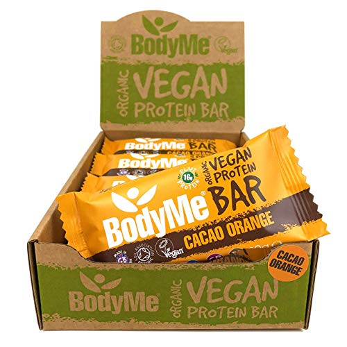 BodyMe Barritas Proteinas Veganas Organica | Crudo Cacao Naranja | 12 x 60g Barra Proteina Vegana | Sin Gluten | 16g Proteína Completa | 3 Proteina Vegetal | Aminoacidos Esenciales | Vegan Protein Bar