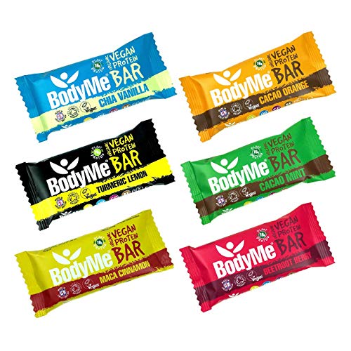 BodyMe Barritas Proteinas Veganas Organica | Paquete Prueba Mixto | 6 x 60g Barra Proteina Vegana | Sin Gluten | 16g Proteína Completa | 3 Proteina Vegetal | Aminoacidos Esenciales | Vegan Protein Bar