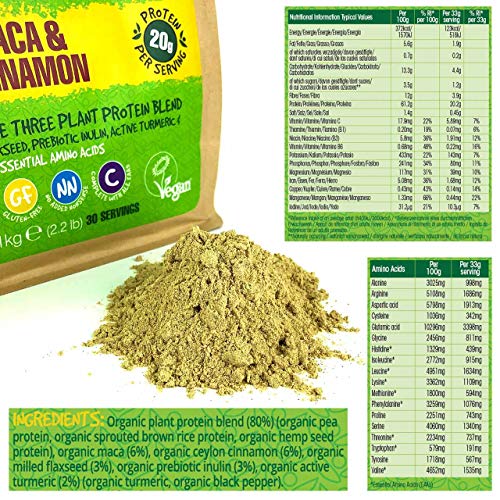 BodyMe Mezcla de Proteina Vegana Organica en Polvo | Cruda Maca Canela | 1kg | Sin Edulcorante | Baja Carb | Sin Gluten | 3 Proteinas Veganas | 20g Proteina Vegetal Completa | Aminoacidos Esenciales