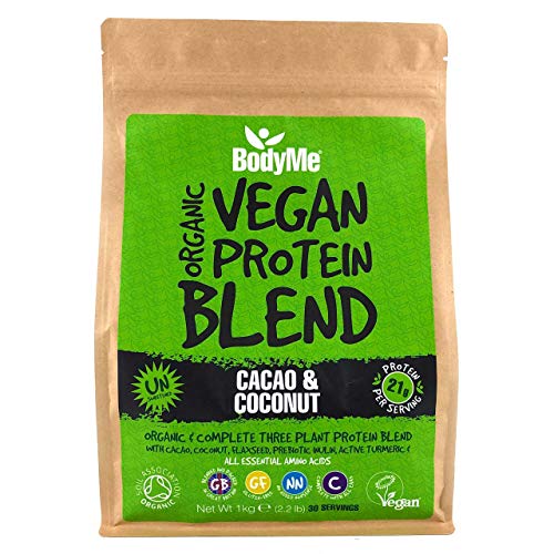 BodyMe Mezcla de Proteina Vegana Organica en Polvo | Crudo Cacao Coco | 1kg | Sin Edulcorante | Baja Carb | Sin Gluten | 3 Proteinas Veganas | 21g Proteina Vegetal Completa | Aminoacidos Esenciales