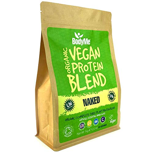 BodyMe Mezcla de Proteina Vegana Organica en Polvo | Naked Natural | 1kg | Sin Edulcorante | Baja Carb | Sin Gluten | 3 Proteinas Veganas | 24g Proteina Vegetal Completa | Todos Aminoacidos Esenciales