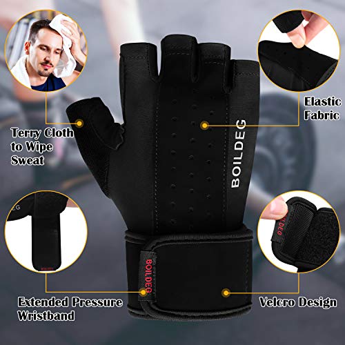 boildeg Guantes Gimnasio Hombre Mujer,Guantes Pesas Gym Guantes Fitness Transpirable con Protección Completa de Muñeca y Palma para Crossfit Levantamiento de Pesas Musculación (Negro, L)