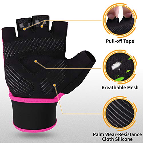 boildeg Guantes Gimnasio Hombre Mujer,Guantes Pesas Gym Guantes Fitness Transpirable con Protección Completa de Muñeca y Palma para Crossfit Levantamiento de Pesas Musculación (Rosa, L)