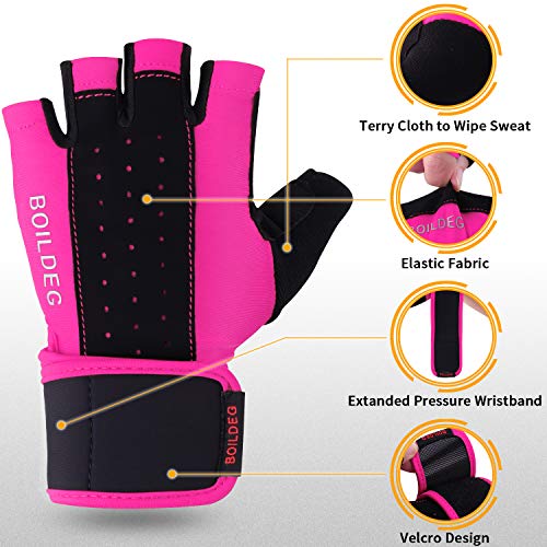 boildeg Guantes Gimnasio Hombre Mujer,Guantes Pesas Gym Guantes Fitness Transpirable con Protección Completa de Muñeca y Palma para Crossfit Levantamiento de Pesas Musculación (Rosa, L)