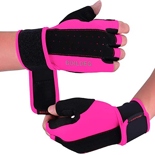 boildeg Guantes Gimnasio Hombre Mujer,Guantes Pesas Gym Guantes Fitness Transpirable con Protección Completa de Muñeca y Palma para Crossfit Levantamiento de Pesas Musculación (Rosa, L)