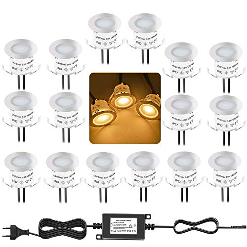 Bojim 16PCS Focos LED Empotrables de Suelo para Exterior 230V, Impermeable IP67, Blanco Cálido 3000K, Φ32mmx H23mm 0.6Watts DC 12V, Lámpara de Subterránea Para Senderos Terrazas Maderas