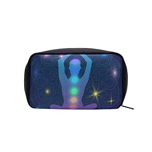 Bolsa de cosméticos para mujeres, silueta humana, meditando, haciendo yoga, arco iris, gimnasia, bolsa de aseo para hombres, bolsa de viaje para hombres, bolsa de aseo de nylon, bolsas de cosméticos,