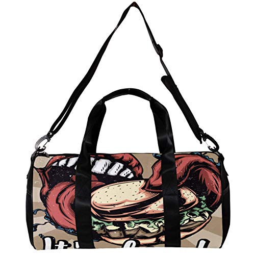 Bolsa de deporte redonda para gimnasio con correa de hombro desmontable Illustraion Big Mouth Comer Big Burger Training Bolso de noche para mujeres y hombres