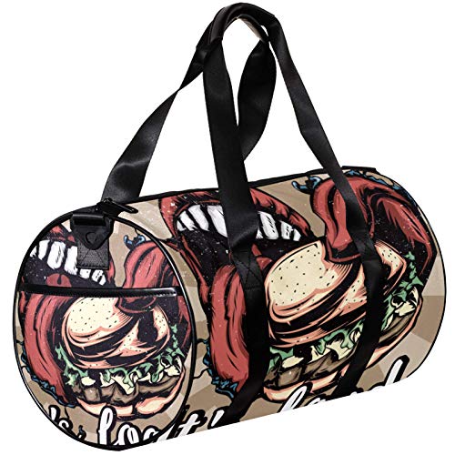 Bolsa de deporte redonda para gimnasio con correa de hombro desmontable Illustraion Big Mouth Comer Big Burger Training Bolso de noche para mujeres y hombres