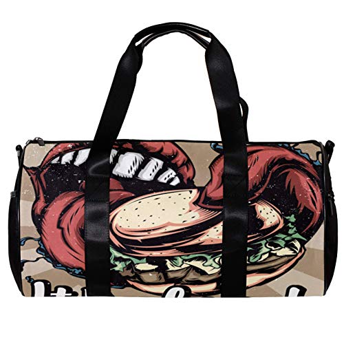 Bolsa de deporte redonda para gimnasio con correa de hombro desmontable Illustraion Big Mouth Comer Big Burger Training Bolso de noche para mujeres y hombres