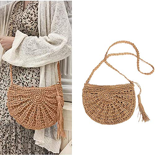 Bolsa de Paja Oblicua de Hombro, de Paja Tejido Bolsa de Hombro,de la Paja del Verano de Las Mujeres de la Armadura de Crossbody Summer Beach Purse（Caqui）