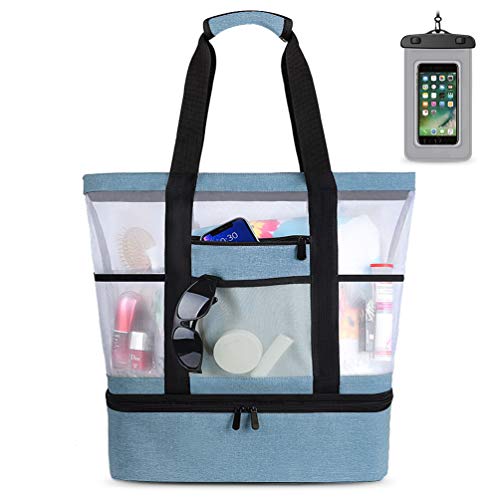 Bolsa de Playa Grande Bolsa de Malla de Playa Bolso de Mano Desmontable Bolso de Hombro con Bolsa Aislante Caja Enfriamiento Picnic Extraíble 2 in 1 para Playa Natación Camping Gimnasio