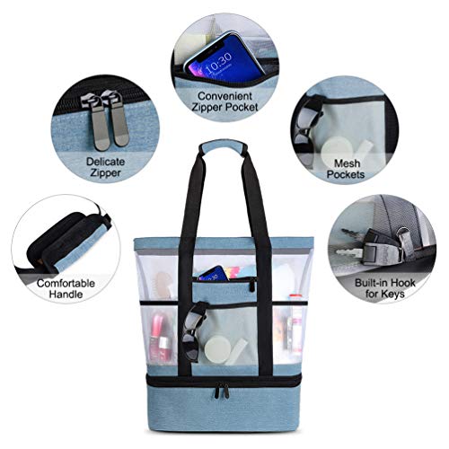 Bolsa de Playa Grande Bolsa de Malla de Playa Bolso de Mano Desmontable Bolso de Hombro con Bolsa Aislante Caja Enfriamiento Picnic Extraíble 2 in 1 para Playa Natación Camping Gimnasio