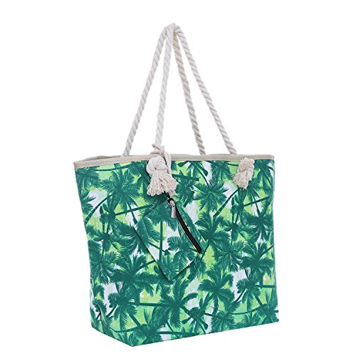 Bolsa de Playa Grande con Cremallera 58 x 38 x 18 cm Palmas Verde Blanco Shopper Bolsa de Hombro Bolsa de Miami Florida