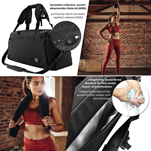 Bolsa Deporte Fitness + Mochila Función y Compartimento para Zapatos: Separada Seco y Humedo | 40L Deportivo Viaje Gimnasio Natacion Fin de Semana Travel Duffle Bag Equipaje Mano Negro | Hombre Mujer