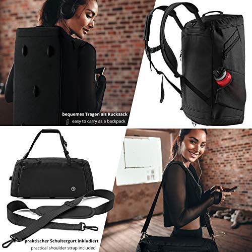 Bolsa Deporte Fitness + Mochila Función y Compartimento para Zapatos: Separada Seco y Humedo | 40L Deportivo Viaje Gimnasio Natacion Fin de Semana Travel Duffle Bag Equipaje Mano Negro | Hombre Mujer