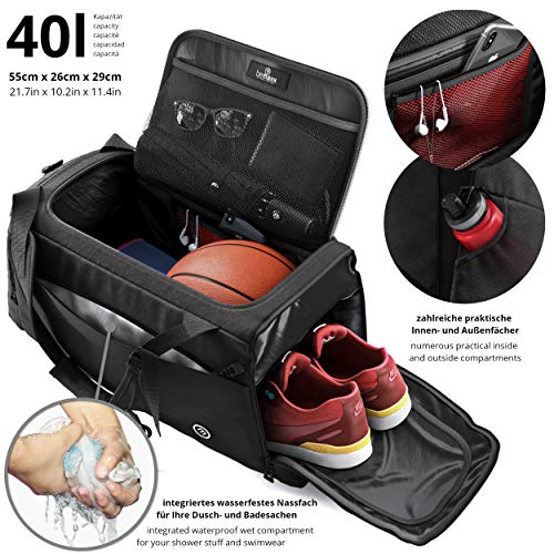 Bolsa Deporte Fitness + Mochila Función y Compartimento para Zapatos: Separada Seco y Humedo | 40L Deportivo Viaje Gimnasio Natacion Fin de Semana Travel Duffle Bag Equipaje Mano Negro | Hombre Mujer Bolsa Deporte Fitness + Mochila Función y Compartimento para Zapatos: Separada Seco y Humedo | 40L Deportivo Viaje Gimnasio Natacion Fin de Semana Travel Duffle Bag Equipaje Mano Negro | Hombre Mujer