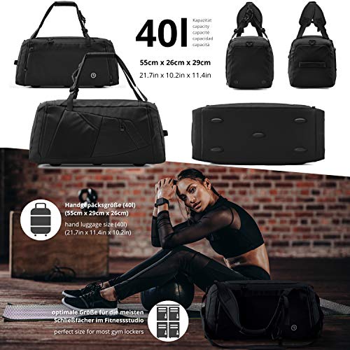 Bolsa Deporte Fitness + Mochila Función y Compartimento para Zapatos: Separada Seco y Humedo | 40L Deportivo Viaje Gimnasio Natacion Fin de Semana Travel Duffle Bag Equipaje Mano Negro | Hombre Mujer