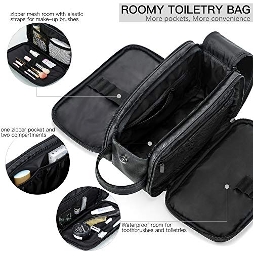 Bolsas de Aseo de Cuero para Hombres Impermeable Neceser de Viaje de Lavado Kit de Afeitado Dopp Grande Organizador de Maquillaje Baño Gimnasio con Bolsa de Almacenamiento Gratis (Negro)