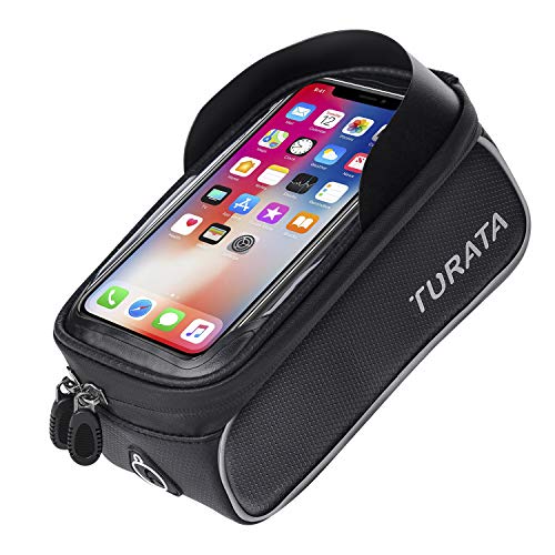 Bolsas de Bicicleta, TURATA Bolsa Impermeable para Bicicleta, Bolsa Táctil de Tubo Superior Delantero con Orificio para Auriculares para iPhone Samsung Teléfono Inteligente por Debajo de 6,5 Pulgadas