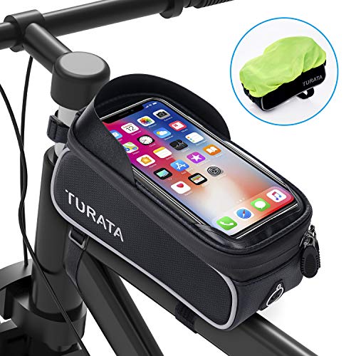 Bolsas de Bicicleta, TURATA Bolsa Impermeable para Bicicleta, Bolsa Táctil de Tubo Superior Delantero con Orificio para Auriculares para iPhone Samsung Teléfono Inteligente por Debajo de 6,5 Pulgadas