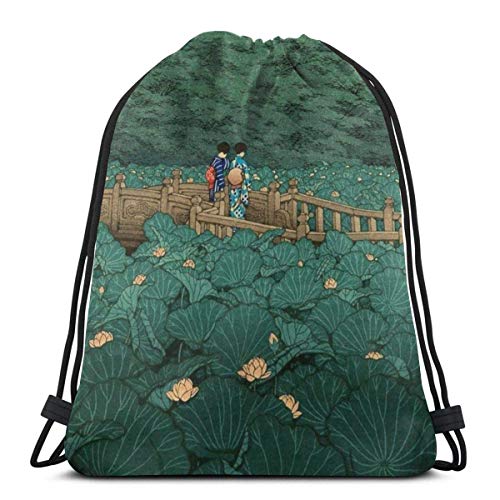 Bolsas De Cuerdas Gimnasio,Mochila con Cordón,Shiba Benten Ike - Hasui Kawase Hombre Mujer Atlético Bolsa De Tirar Viajar Yoga Compras Escuela Entrenamiento Playa