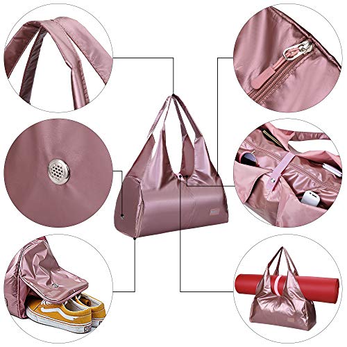 Bolsas de Gimnasio Mujeres, Zip Bolsa de colchoneta de yoga Grande, Bolsa de asa de yoga con correa, con Compartimento para Zapatos y Bolsillo Húmedo Bolsa de Viaje para Natacion Bailando Rosa