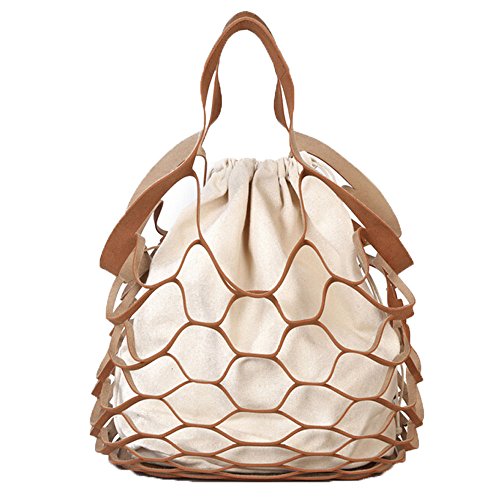 Bolso bandolera, moda ahueca hacia fuera el diseño de la malla bolsos de las mujeres Tote de la lona de la lona del verano de señora bolsos de la playa bolsa de la compra simple cadena cubo,Brown