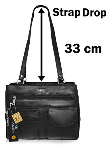 Bolso de Cuero para Mujer en Suave Cuero Negro - Bolso de Hombro con 2 Asas 8 Bolsillos 2 Secciones Principales Grandes con Cremallera - Bolsos de Mano de Mujer de Tamaño Medio - Quenchy London QL173