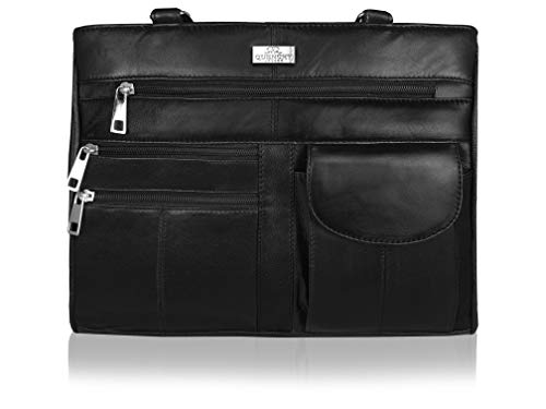 Bolso de Cuero para Mujer en Suave Cuero Negro - Bolso de Hombro con 2 Asas 8 Bolsillos 2 Secciones Principales Grandes con Cremallera - Bolsos de Mano de Mujer de Tamaño Medio - Quenchy London QL173 Bolso de Cuero para Mujer en Suave Cuero Negro - Bolso de Hombro con 2 Asas 8 Bolsillos 2 Secciones Principales Grandes con Cremallera - Bolsos de Mano de Mujer de Tamaño Medio - Quenchy London QL173