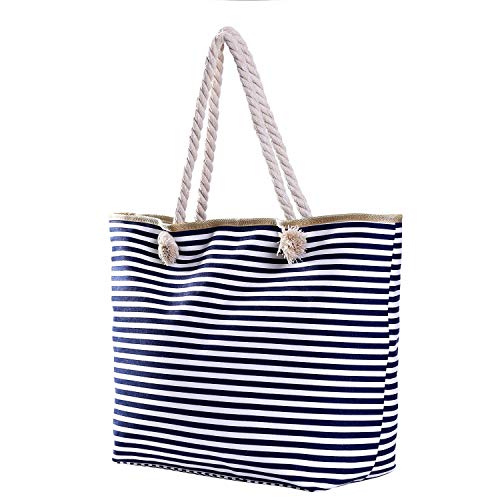 Bolso de Playa Grande con Cremallera Bolso de Hombro a Rayas Azul Oscuro y Blanco