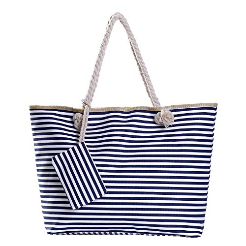 Bolso de Playa Grande con Cremallera Bolso de Hombro a Rayas Azul Oscuro y Blanco