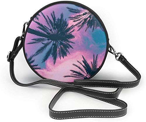 Bolso redondo mujer Palm Tree and Pink Clouds Women Soft Leather Round Shoulder Bag Zipper Circle Purses Sling Bag