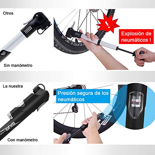 Bomba Para Bicicleta Con Manómetro, [120 PSI] Diyife Mini Bomba De Bicicleta [Set Completo Perfecto], Con Aguja, Kit De Parche, Tapas De VáLvulas Y Montura De Marco Para Presta Y Schrader