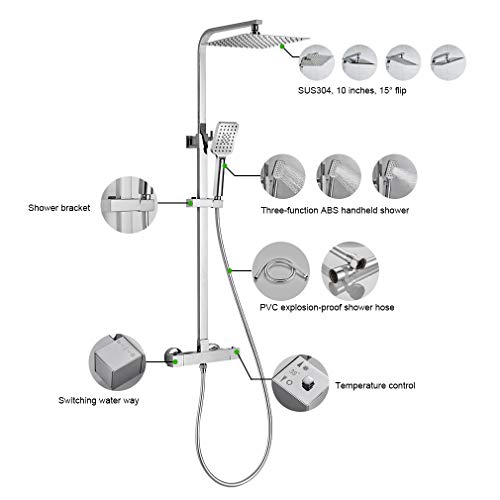 BONADE Columna de Ducha Termostática 38 °C Conjunto de Ducha Cuadrado para Baño con 10" Alcachofa Ducha Lluvia en Acero Inoxidable y 3 Tipos Ducha de Mano y Barra Altura Ajustable BONADE Columna de Ducha Termostática 38 °C Conjunto de Ducha Cuadrado para Baño con 10" Alcachofa Ducha Lluvia en Acero Inoxidable y 3 Tipos Ducha de Mano y Barra Altura Ajustable