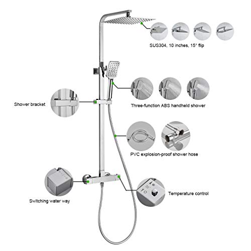 BONADE Columna de Ducha Termostática 38 °C Conjunto de Ducha Cuadrado para Baño con 10" Alcachofa Ducha Lluvia en Acero Inoxidable y 3 Tipos Ducha de Mano y Barra Altura Ajustable