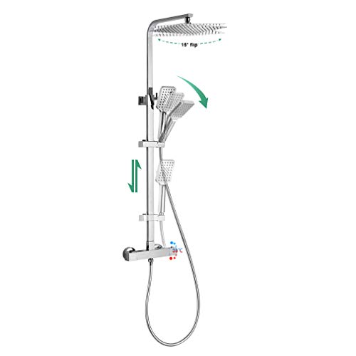 BONADE Columna de Ducha Termostática 38 °C Conjunto de Ducha Cuadrado para Baño con 10" Alcachofa Ducha Lluvia en Acero Inoxidable y 3 Tipos Ducha de Mano y Barra Altura Ajustable