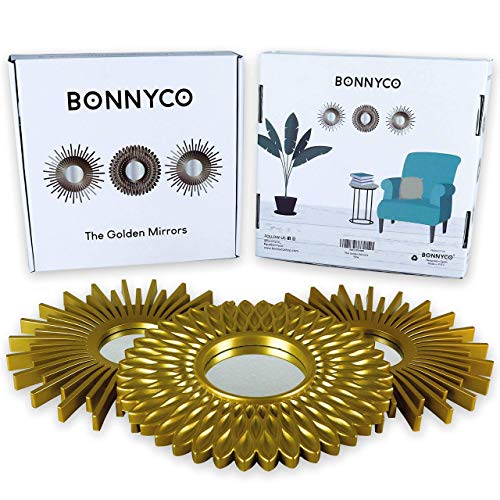 BONNYCO Espejos Pared Decorativos Dorados Pack 3 Espejos Decorativos Ideales para Decoracion Casa, Habitación y Salón | Espejos Redondos Pared Regalos Originales para Mujer | Decoracion Pared