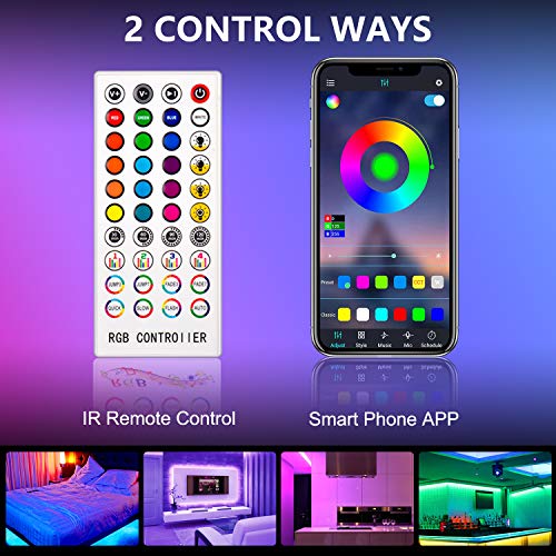 Bonve Pet 12M Tiras LED RGB 5050, Bluetooth Musical Tiras LED 12V Tiras de Luces LED Iluminación, Control de APP y Remoto Control de 40 Teclas,16 Millones de Colores, Modo Temporizador