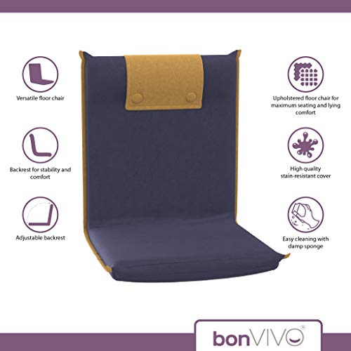 bonVIVO Easy II Silla Acolchada de Suelo con Respaldo Ajustable, Cómoda, Plegable y Versátil - Silla para Meditar, Yoga, Lectura, Ver TV o Gaming, Adecuada para Hogar u Oficina, Color Azúl