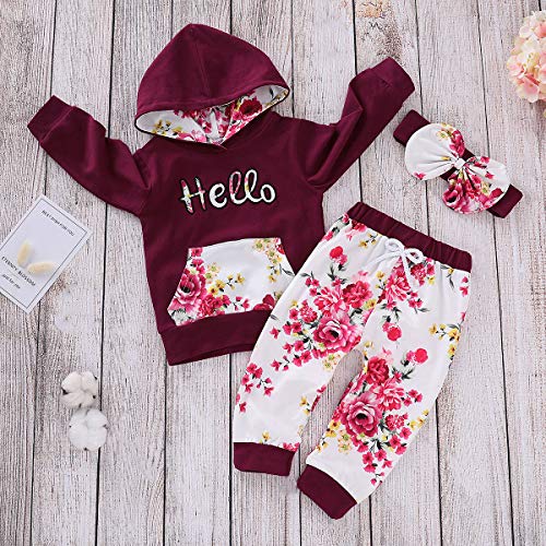 Borlai Bebé niña Floral con Capucha Traje de chándal Sudadera Pantalones Conjunto de Ropa 1-5 años (Rojo púrpura, 4-5 años)