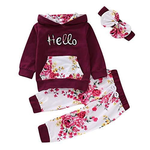 Borlai Bebé niña Floral con Capucha Traje de chándal Sudadera Pantalones Conjunto de Ropa 1-5 años (Rojo púrpura, 4-5 años)