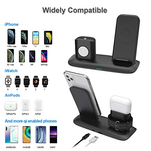 bossgo Cargador Inalámbrico Soporte de Carga para iPhone, Apple Watch y Airpods Base de Carga para iPhone SE2/11/11 Pro MAX/XS MAX/X, iWatch 2/3/4/5, AirPods Pro/2/1